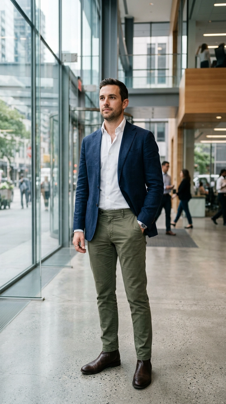 A male professional wearing a perfectly tailored navy blue unstructured blazer over a crisp white button-down shirt and slim-fit olive chinos, standing in a modern glass office lobby, photorealistic luxury editorial fashion street style, shot on 35mm lens, highly detailed, ultra-realistic, soft natural lighting, editorial aesthetic, no text --ar 9:16