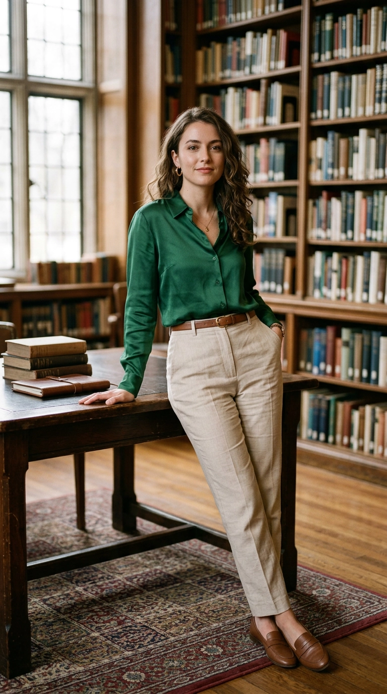 A woman wearing a perfectly fitted emerald green silk blouse tucked into high-waisted beige trousers, leaning against a dark wood table in a library setting, photorealistic luxury editorial fashion street style, shot on 35mm lens, highly detailed, ultra-realistic, soft natural lighting, editorial aesthetic, no text --ar 9:16