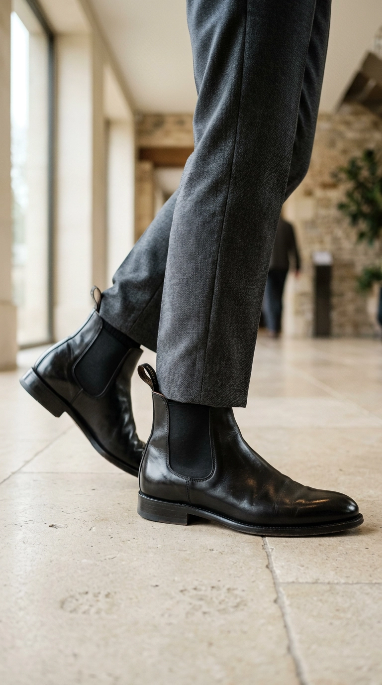 A close-up shot of polished black leather Chelsea boots stepping onto a clean limestone floor, paired with dark gray wool trousers, photorealistic luxury editorial fashion street style, shot on 35mm lens, highly detailed, ultra-realistic, soft natural lighting, editorial aesthetic, no text --ar 9:16