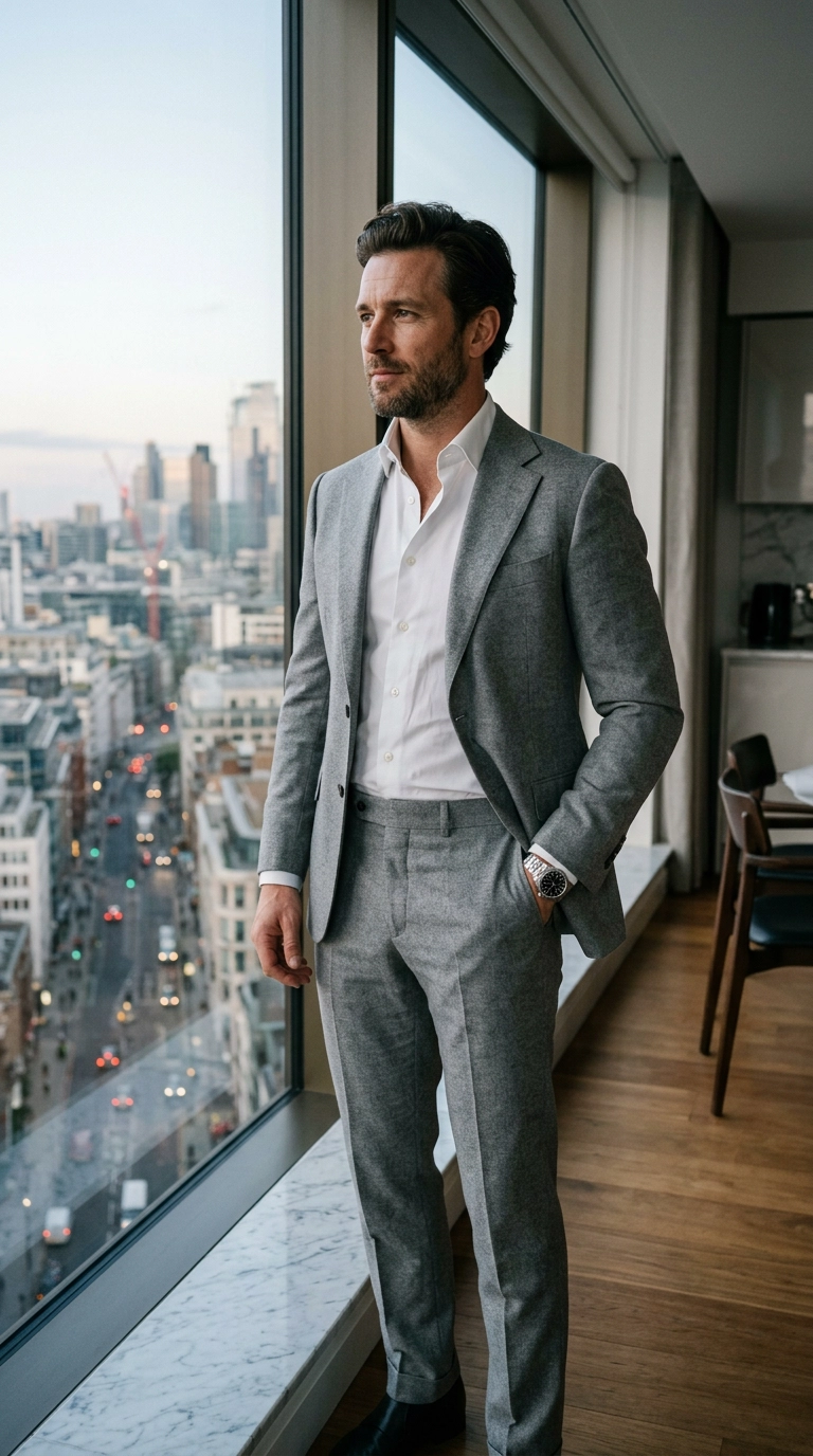 A man in a monochromatic light gray suit with a subtle texture, wearing a silver watch and no tie, standing near a large window with city views, photorealistic luxury editorial fashion street style, shot on 35mm lens, highly detailed, ultra-realistic, soft natural lighting, editorial aesthetic, no text --ar 9:16