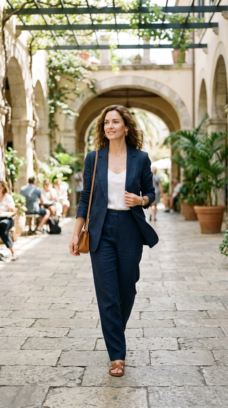 A woman in a breathable navy linen-blend suit walking through a breezy open-air atrium, looking calm and collected, photorealistic luxury editorial fashion street style, shot on 35mm lens, highly detailed, ultra-realistic, soft natural lighting, editorial aesthetic, no text --ar 9:16