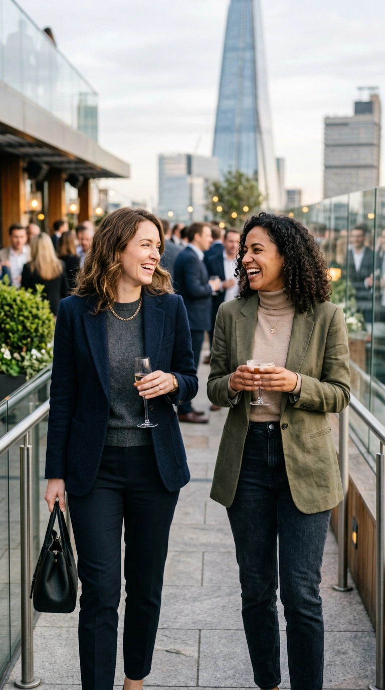 Two professionals engaged in a friendly conversation at a modern outdoor terrace event, wearing smart casual attire like blazers over sweaters, photorealistic luxury editorial fashion street style, shot on 35mm lens, highly detailed, ultra-realistic, soft natural lighting, editorial aesthetic, no text --ar 9:16