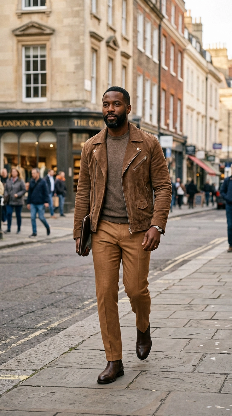 A professional man in a tonal brown and tan outfit, featuring a suede jacket and wool trousers, walking in an urban setting, photorealistic luxury editorial fashion street style, shot on 35mm lens, highly detailed, ultra-realistic, soft natural lighting, editorial aesthetic, no text --ar 9:16