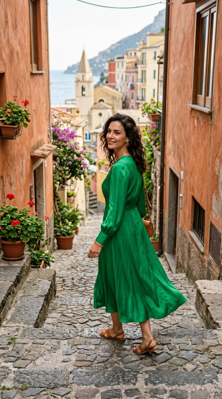 A woman wearing a vibrant emerald green silk dress that pops beautifully against the terracotta walls of a Mediterranean village, full-body shot, photorealistic luxury editorial fashion street style, shot on 35mm lens, highly detailed, ultra-realistic, soft natural lighting, editorial aesthetic, no text or typography --ar 9:16
