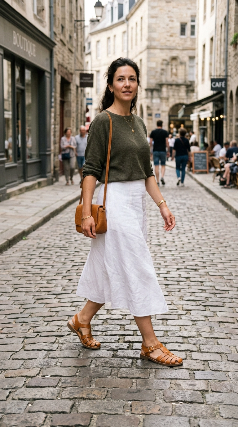 A woman walking on cobblestones wearing elegant tan leather fisherman sandals and a white midi skirt, full-body shot, photorealistic luxury editorial fashion street style, shot on 35mm lens, highly detailed, ultra-realistic, soft natural lighting, editorial aesthetic, no text or typography --ar 9:16