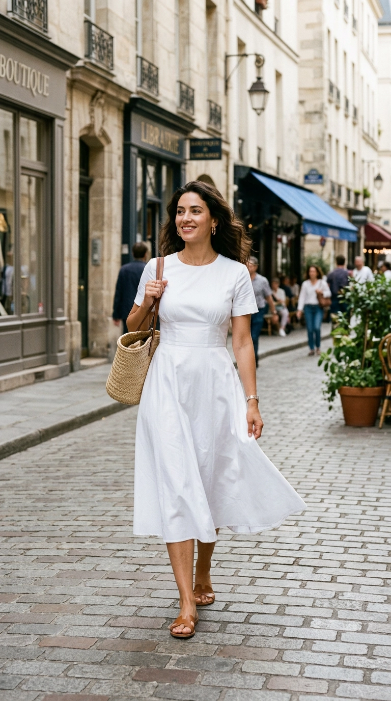 Close up of a woman in a crisp white cotton poplin dress walking down a sunlit street, the fabric is perfectly smooth, photorealistic luxury editorial fashion street style, shot on 35mm lens, highly detailed, ultra-realistic, soft natural lighting, editorial aesthetic, no text or typography --ar 9:16