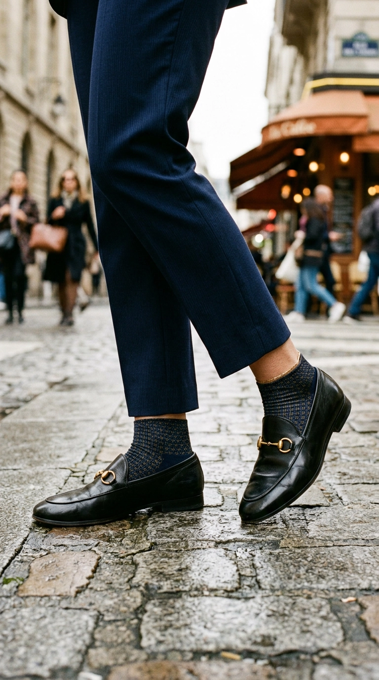 A detailed shot of feet wearing polished black leather loafers with gold bit hardware, paired with cropped navy trousers and silk socks. photorealistic luxury editorial fashion street style, shot on 35mm lens, highly detailed, ultra-realistic, soft natural lighting, editorial aesthetic, no text or typography --ar 9:16