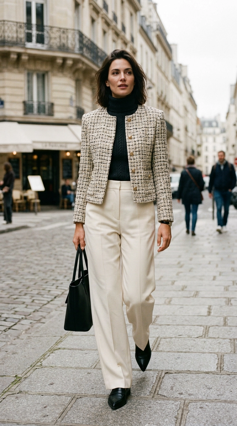 A stylish woman wearing high-waisted wide-leg cream trousers and a slightly cropped tweed jacket that meets the waistband perfectly, showing zero skin. photorealistic luxury editorial fashion street style, shot on 35mm lens, highly detailed, ultra-realistic, soft natural lighting, editorial aesthetic, no text or typography --ar 9:16