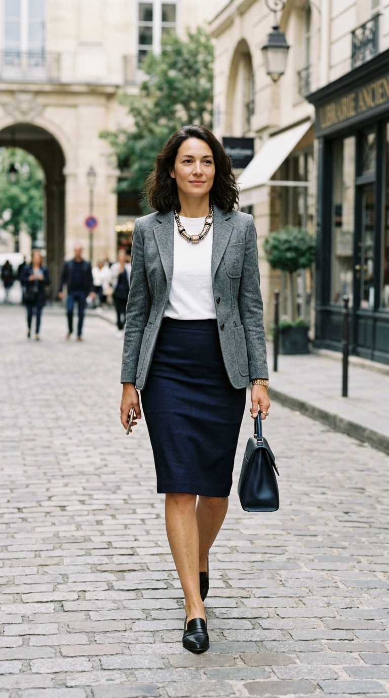 A woman wearing a high-quality, heavy-weight plain white t-shirt tucked into a navy pencil skirt, topped with a structured grey blazer and a statement necklace. photorealistic luxury editorial fashion street style, shot on 35mm lens, highly detailed, ultra-realistic, soft natural lighting, editorial aesthetic, no text or typography --ar 9:16