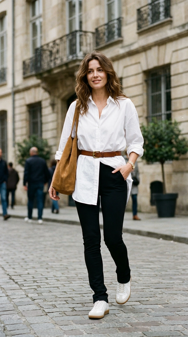 A woman wearing thick, high-quality black ponte leggings styled with an oversized white button-down shirt that reaches mid-thigh and a belt to cinch the waist. photorealistic luxury editorial fashion street style, shot on 35mm lens, highly detailed, ultra-realistic, soft natural lighting, editorial aesthetic, no text or typography --ar 9:16