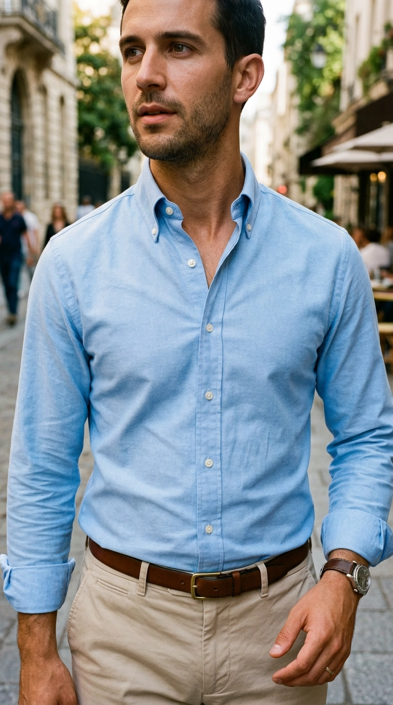A crisp, perfectly steamed light blue oxford shirt tucked into beige chinos, with a close-up on the sharp collar and smooth fabric. photorealistic luxury editorial fashion street style, shot on 35mm lens, highly detailed, ultra-realistic, soft natural lighting, editorial aesthetic, no text or typography --ar 9:16