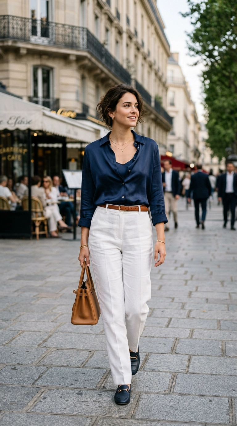 A woman wearing a sophisticated navy blue silk blouse with a matching navy camisole underneath, paired with tailored white trousers. photorealistic luxury editorial fashion street style, shot on 35mm lens, highly detailed, ultra-realistic, soft natural lighting, editorial aesthetic, no text or typography --ar 9:16