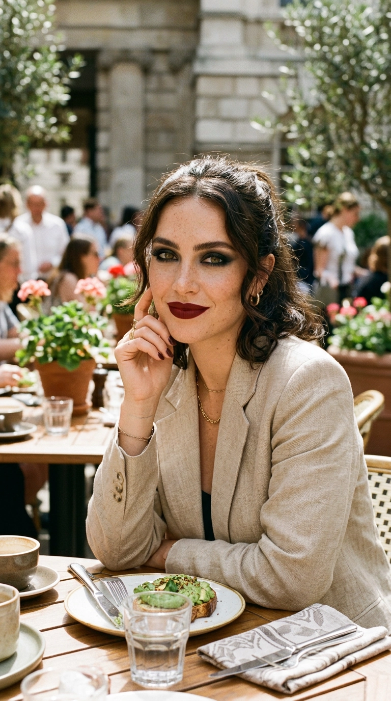 A close-up of a woman with heavy smoky eye makeup and dark red lipstick at an outdoor brunch table in bright sunlight, photorealistic luxury editorial fashion street style, shot on 35mm lens, highly detailed, ultra-realistic, soft natural lighting, editorial aesthetic. No text or typography. --ar 9:16