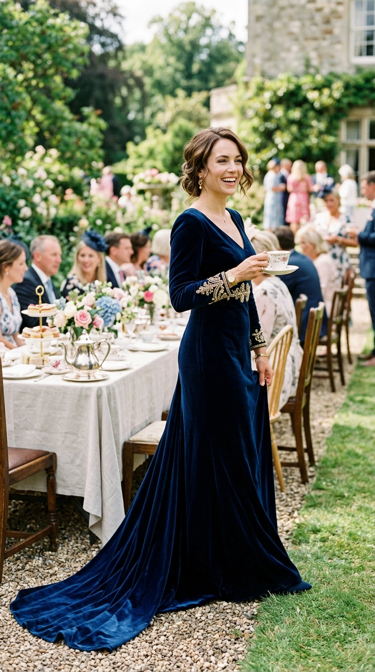 A woman wearing a heavy navy blue velvet evening gown with a train at a bright, outdoor afternoon tea party, photorealistic luxury editorial fashion street style, shot on 35mm lens, highly detailed, ultra-realistic, soft natural lighting, editorial aesthetic. No text or typography. --ar 9:16