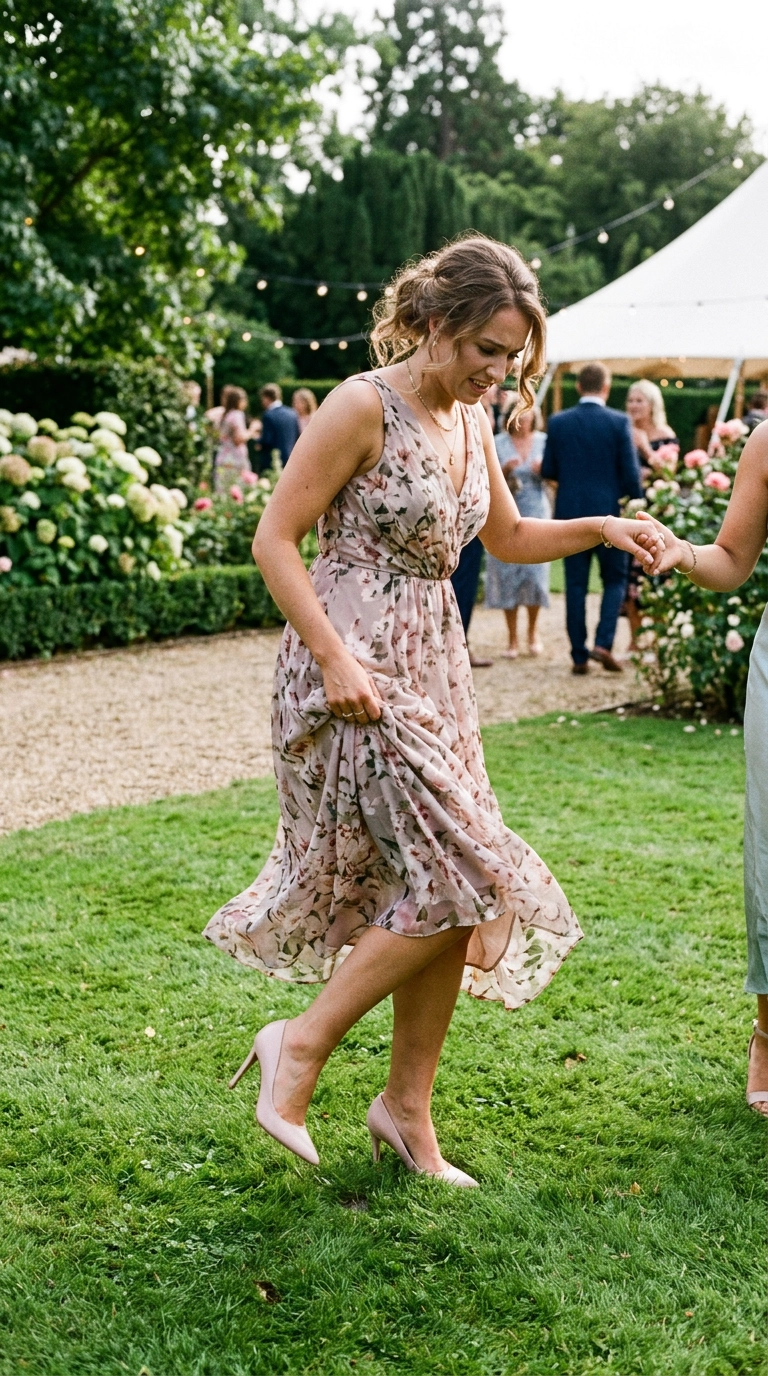 A woman in high-heeled stilettos struggling to walk across a lush green lawn at a garden wedding, photorealistic luxury editorial fashion street style, shot on 35mm lens, highly detailed, ultra-realistic, soft natural lighting, editorial aesthetic. No text or typography. --ar 9:16