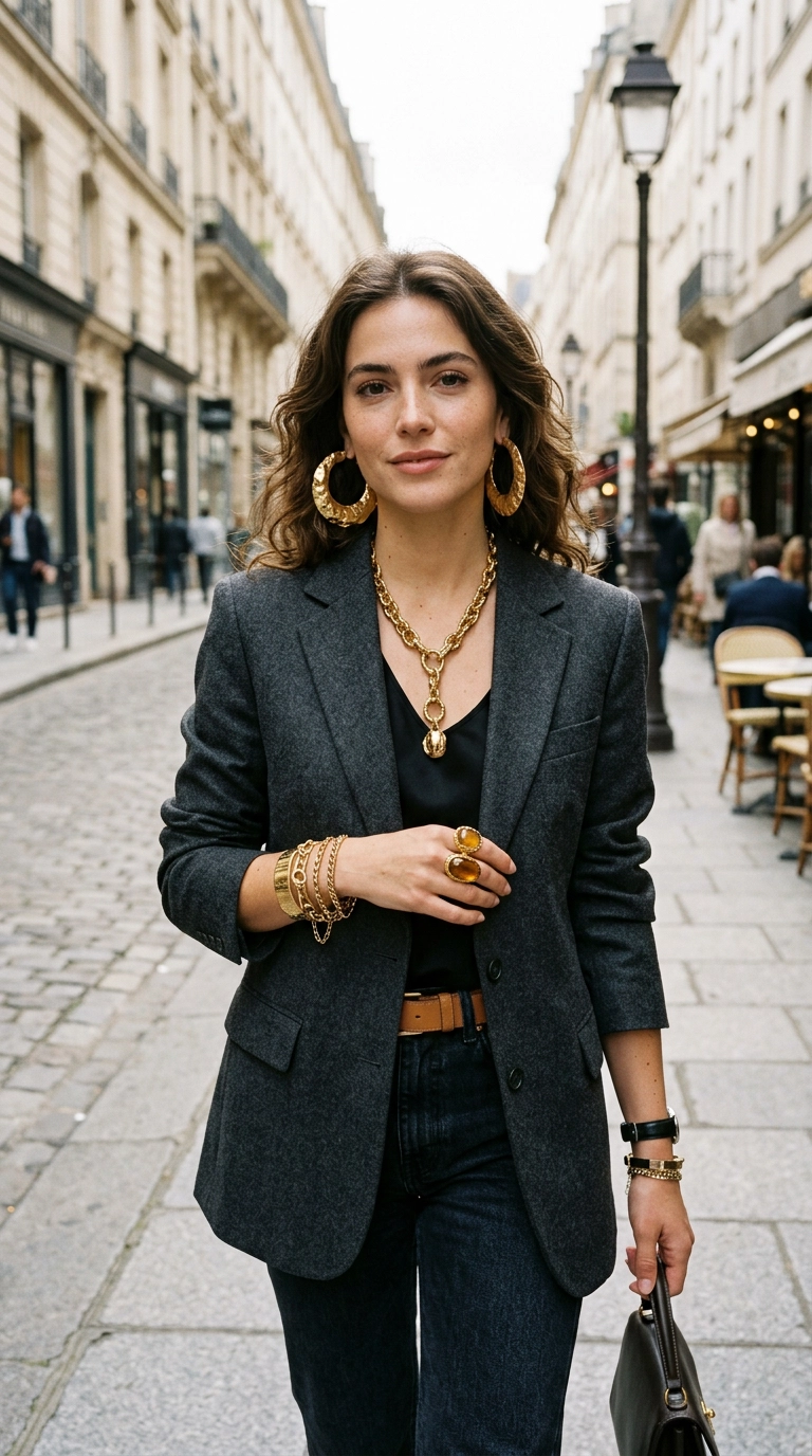 A woman wearing oversized gold earrings, a chunky necklace, multiple bracelets, and a large cocktail ring all at once, photorealistic luxury editorial fashion street style, shot on 35mm lens, highly detailed, ultra-realistic, soft natural lighting, editorial aesthetic. No text or typography. --ar 9:16