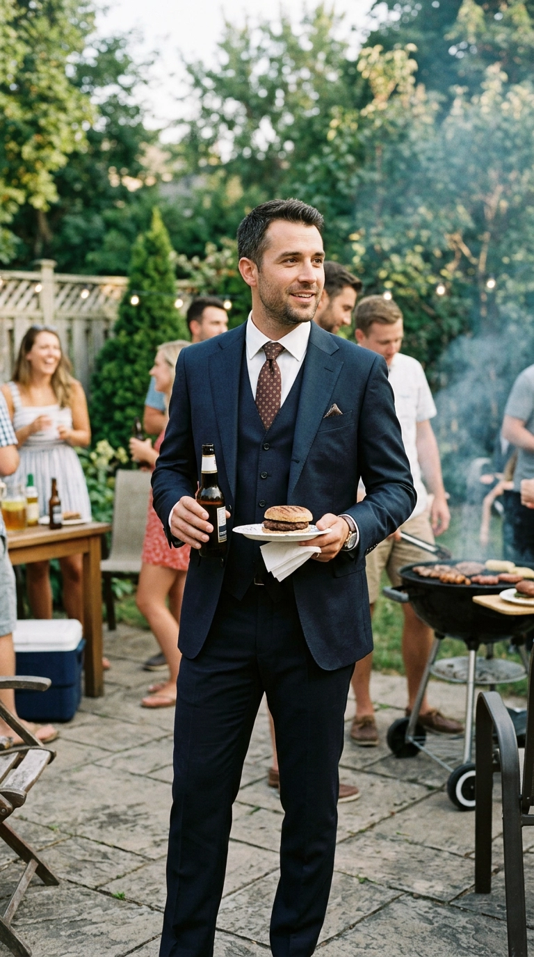 A man or woman in a stiff, dark three-piece business suit standing at a casual backyard barbecue, photorealistic luxury editorial fashion street style, shot on 35mm lens, highly detailed, ultra-realistic, soft natural lighting, editorial aesthetic. No text or typography. --ar 9:16