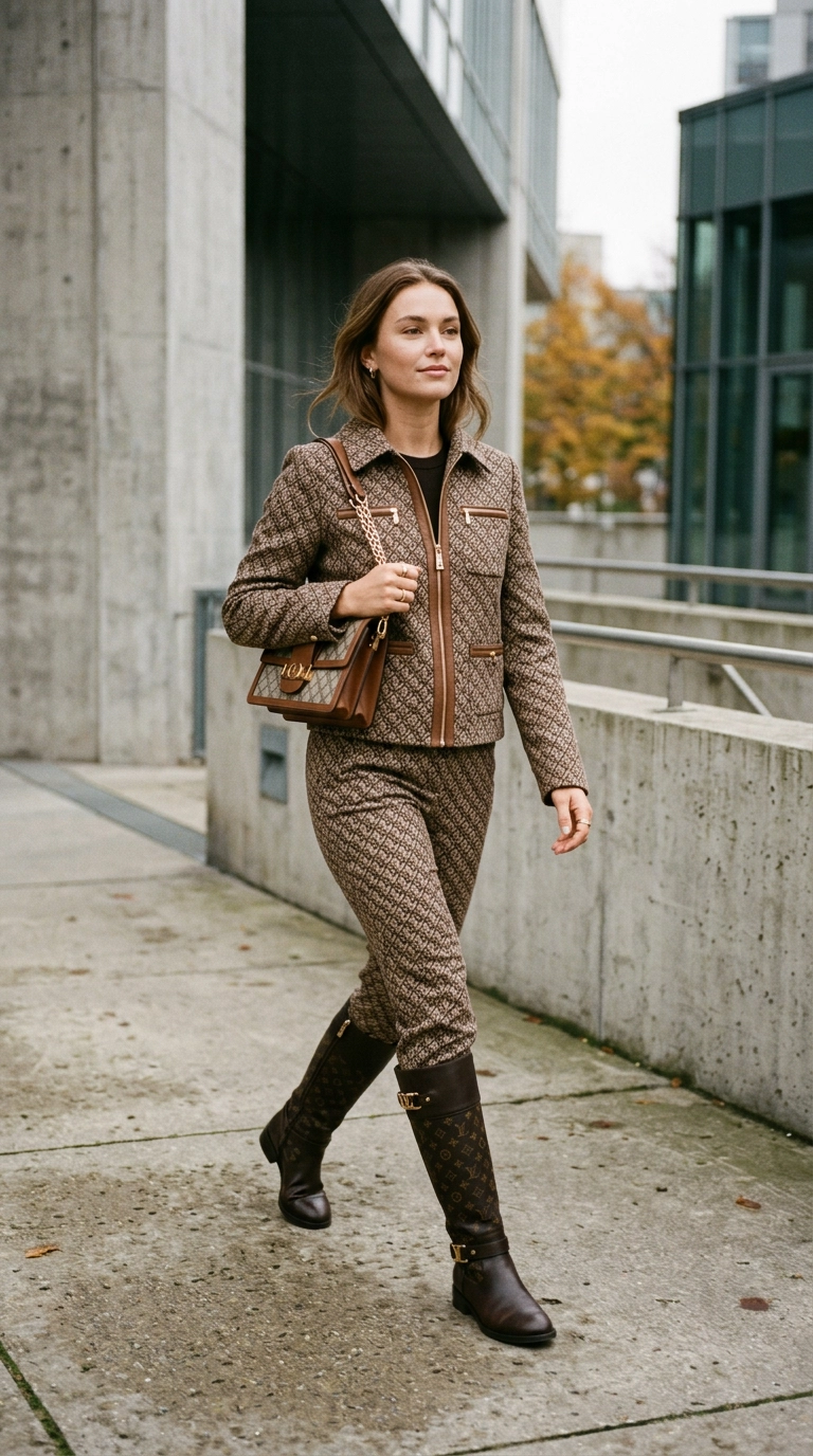 A woman wearing a logo-print jacket, matching logo bag, and logo-branded boots in a minimal urban setting, photorealistic luxury editorial fashion street style, shot on 35mm lens, highly detailed, ultra-realistic, soft natural lighting, editorial aesthetic. No text or typography. --ar 9:16