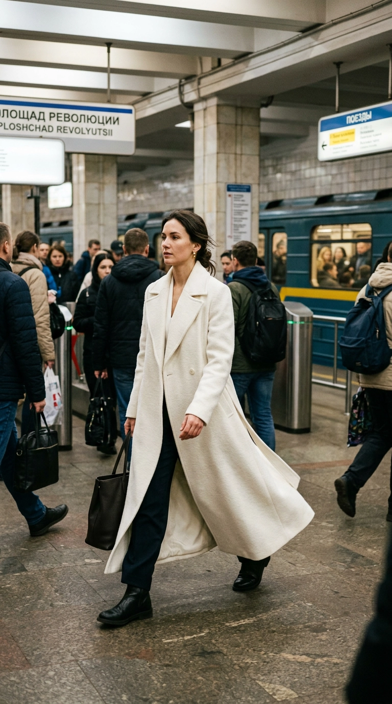A woman in a dramatic floor-sweeping white wool coat walking through a crowded, casual metro station, photorealistic luxury editorial fashion street style, shot on 35mm lens, highly detailed, ultra-realistic, soft natural lighting, editorial aesthetic. No text or typography. --ar 9:16