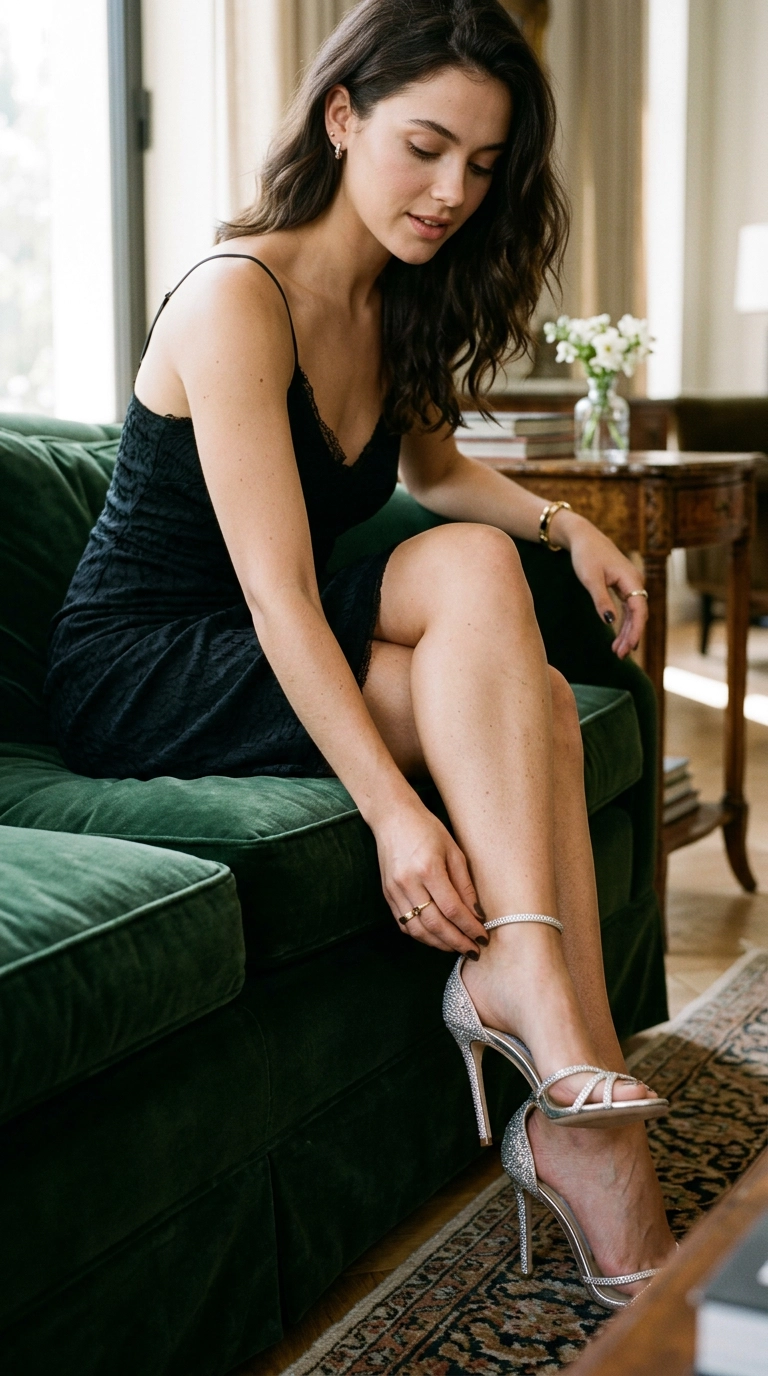 A close-up of a woman sitting on a velvet sofa, wearing shimmering silver stilettos and adjusting the strap, photorealistic luxury editorial fashion street style, shot on 35mm lens, highly detailed, ultra-realistic, soft natural lighting, editorial aesthetic, no text or typography, believable anatomy --ar 9:16
