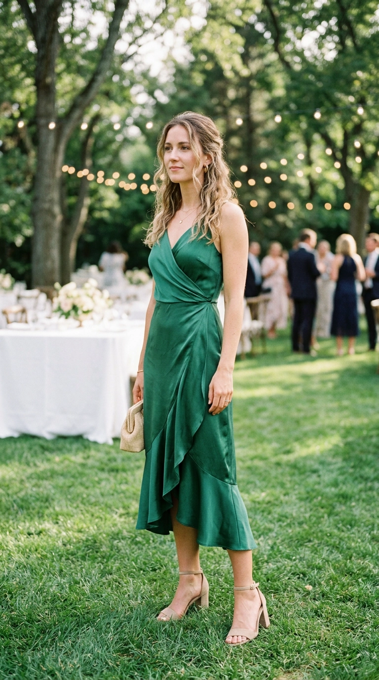 A woman standing on a lush green lawn at an outdoor wedding, wearing an elegant silk midi dress and sophisticated block-heel sandals, photorealistic luxury editorial fashion street style, shot on 35mm lens, highly detailed, ultra-realistic, soft natural lighting, editorial aesthetic, no text or typography, believable anatomy --ar 9:16
