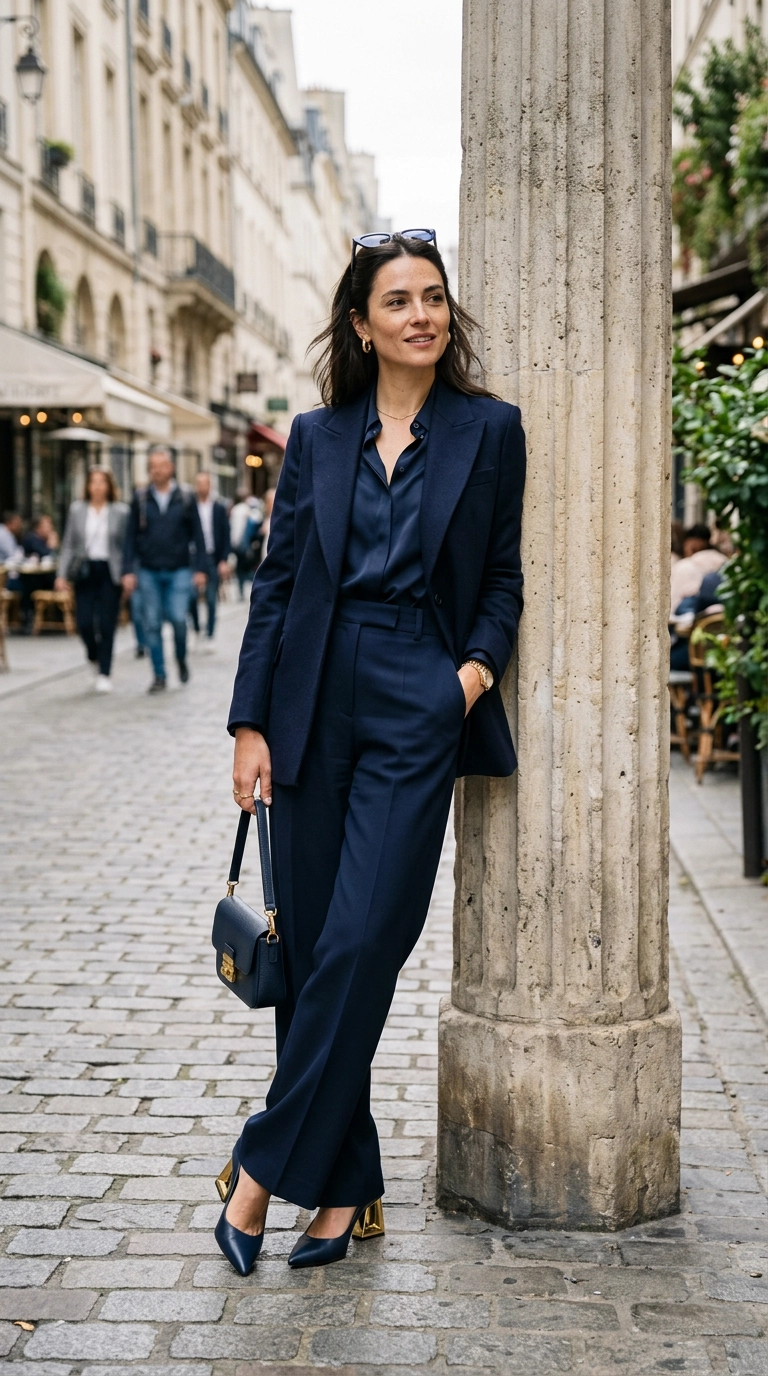 A woman wearing a chic monochromatic navy outfit and structural designer heels, leaning against a stone pillar, photorealistic luxury editorial fashion street style, shot on 35mm lens, highly detailed, ultra-realistic, soft natural lighting, editorial aesthetic, no text or typography, believable anatomy --ar 9:16