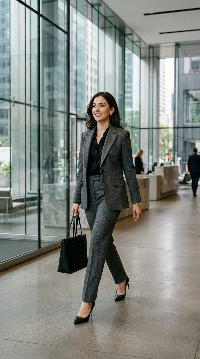 A full-body shot of a woman in a tailored wool suit and pointed-toe pumps walking through a modern glass-walled lobby, photorealistic luxury editorial fashion street style, shot on 35mm lens, highly detailed, ultra-realistic, soft natural lighting, editorial aesthetic, no text or typography, believable anatomy --ar 9:16