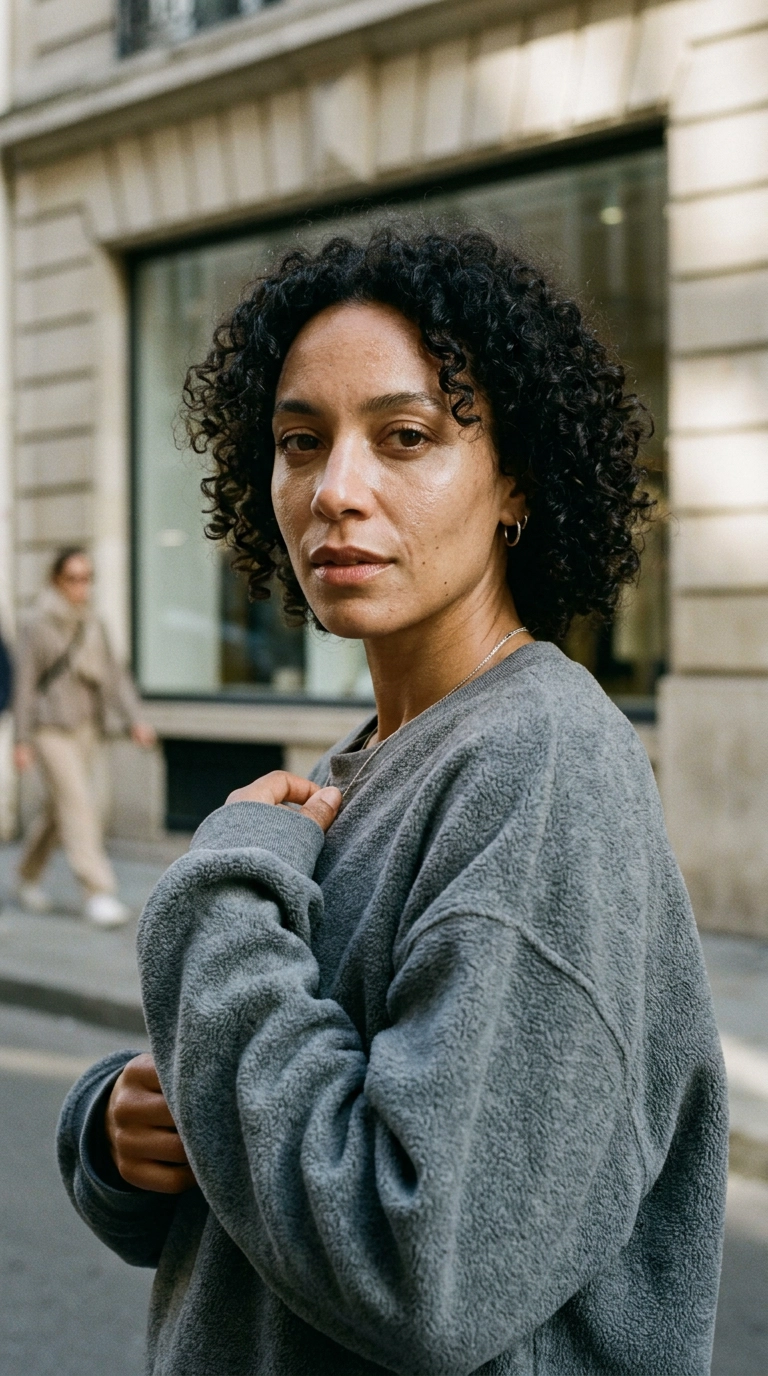 photorealistic luxury editorial fashion street style, shot on 35mm lens, highly detailed, ultra-realistic, soft natural lighting, editorial aesthetic, a close-up of a woman with glowing dewy skin wearing an oversized high-quality grey fleece sweater, natural hair texture, no text --ar 9:16