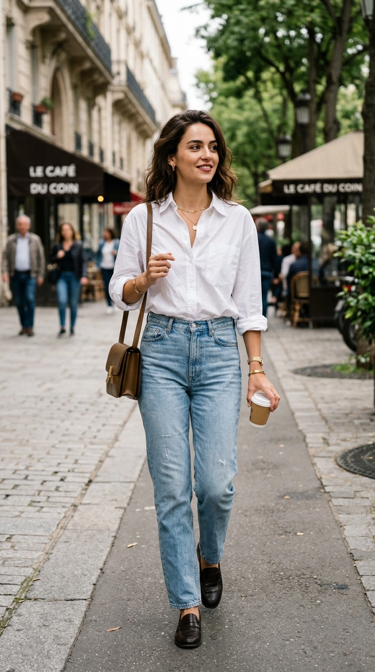 photorealistic luxury editorial fashion street style, shot on 35mm lens, highly detailed, ultra-realistic, soft natural lighting, editorial aesthetic, woman wearing a crisp white button-down shirt and light wash jeans, sheer berry lip tint, effortless style, no text --ar 9:16