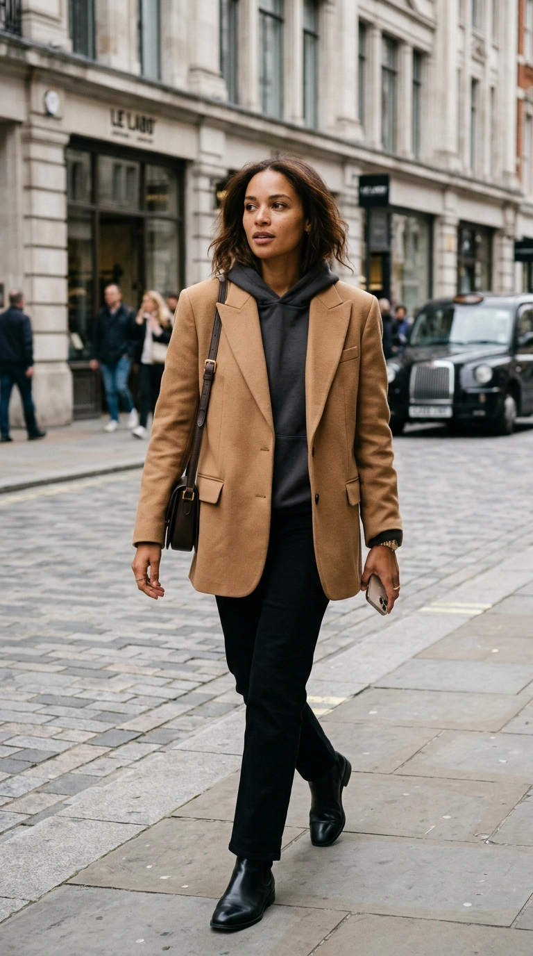 photorealistic luxury editorial fashion street style, shot on 35mm lens, highly detailed, ultra-realistic, soft natural lighting, editorial aesthetic, woman wearing an oversized camel blazer and a simple hoodie, soft brown eyeliner smudged at the edges, no text --ar 9:16
