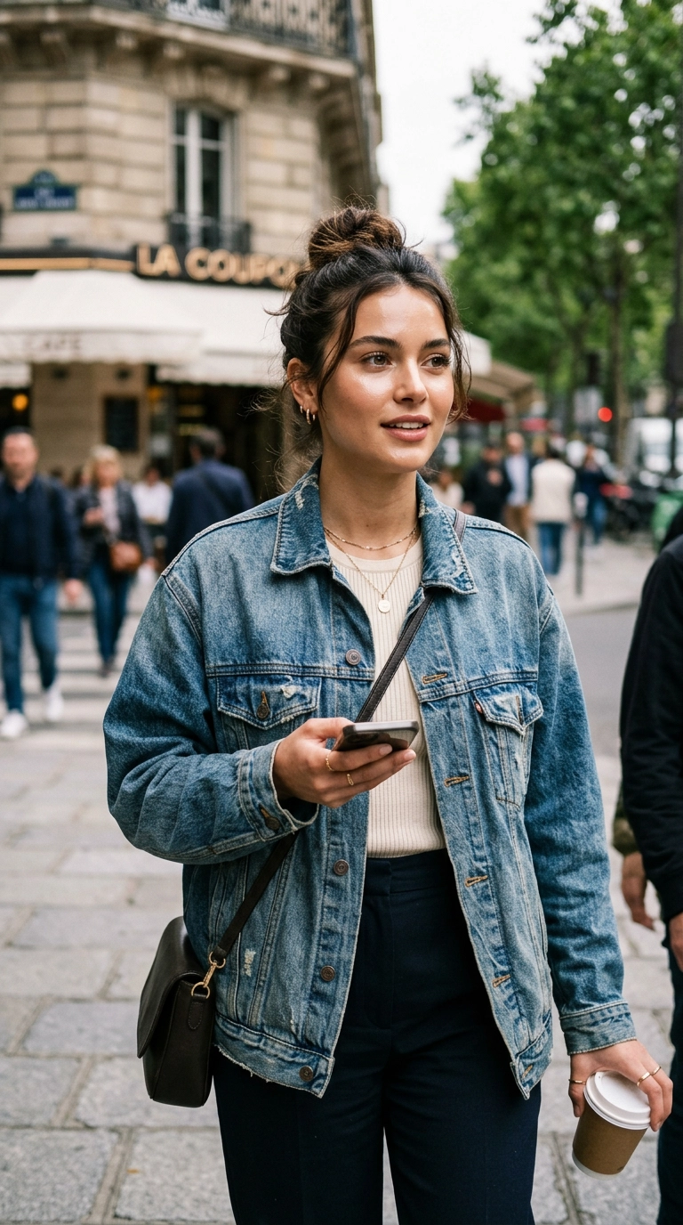photorealistic luxury editorial fashion street style, shot on 35mm lens, highly detailed, ultra-realistic, soft natural lighting, editorial aesthetic, woman in a denim jacket, glowing skin with subtle liquid highlight on the cheekbones, messy bun, no text --ar 9:16