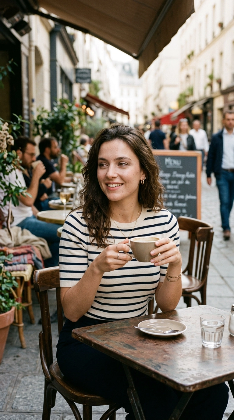 photorealistic luxury editorial fashion street style, shot on 35mm lens, highly detailed, ultra-realistic, soft natural lighting, editorial aesthetic, woman at an outdoor cafe wearing a striped knit top, soft taupe eyeshadow, holding a coffee cup, no text --ar 9:16