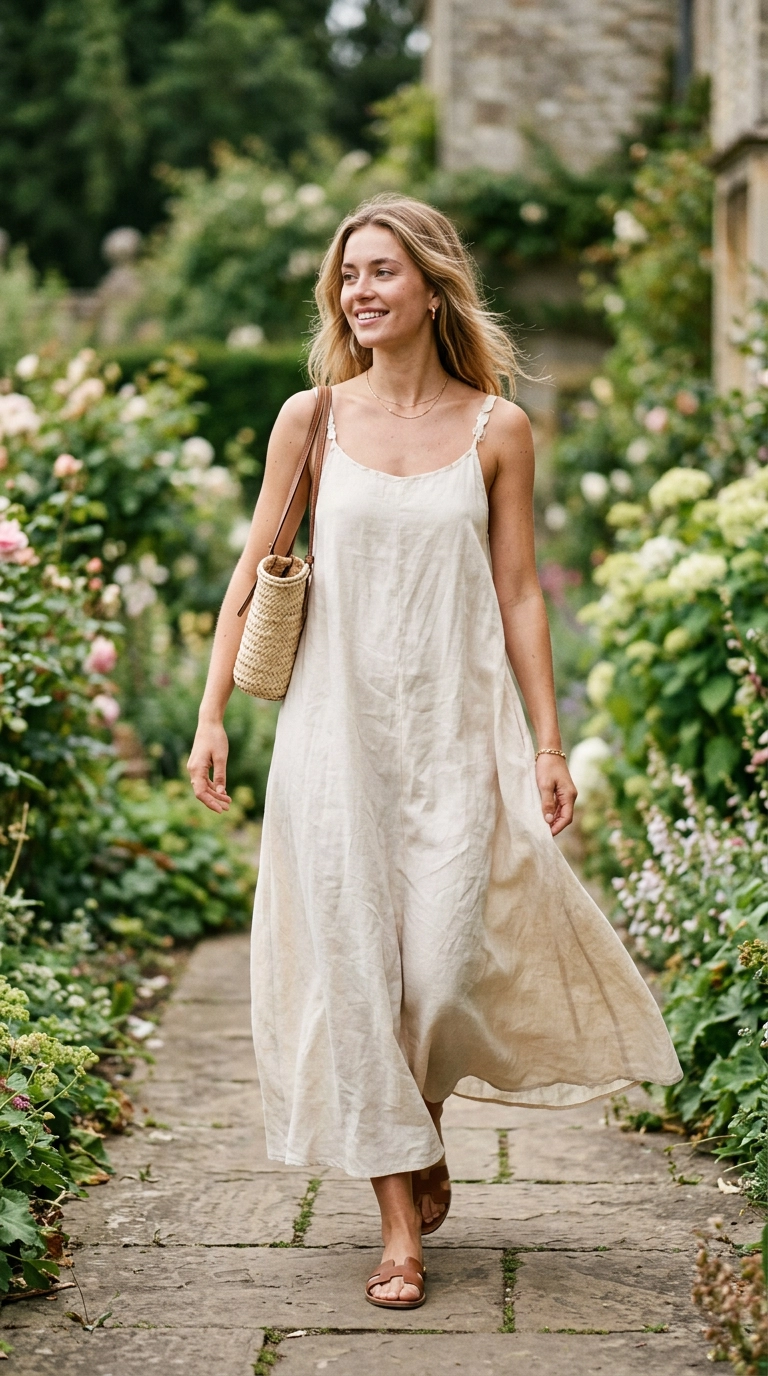 photorealistic luxury editorial fashion street style, shot on 35mm lens, highly detailed, ultra-realistic, soft natural lighting, editorial aesthetic, woman wearing a light linen sundress, radiant and natural skin, soft focus garden background, no text --ar 9:16