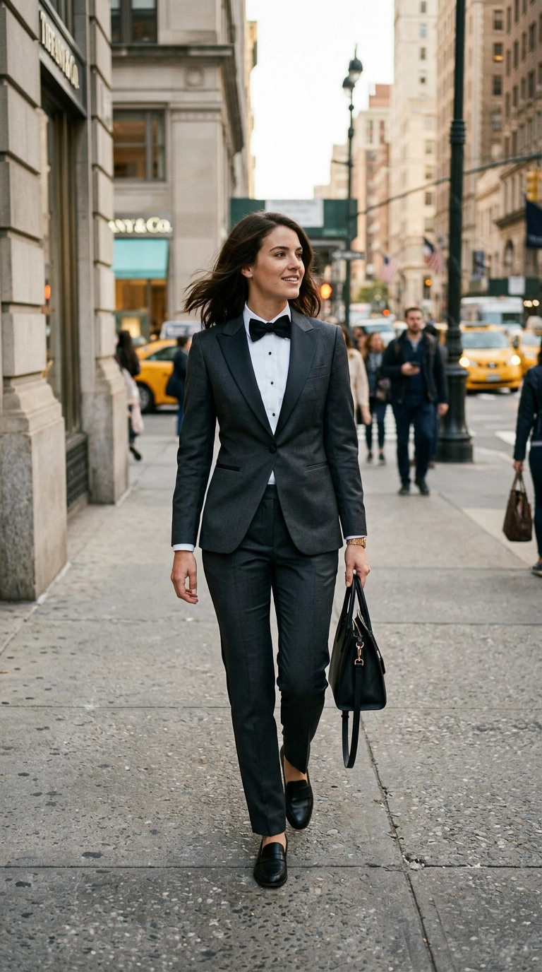 photorealistic luxury editorial fashion street style, shot on 35mm lens, highly detailed, ultra-realistic, soft natural lighting, editorial aesthetic, a woman wearing a bespoke charcoal gray female tuxedo with perfectly hit shoulder seams and slim sleeves, standing on a New York sidewalk, no text --ar 9:16