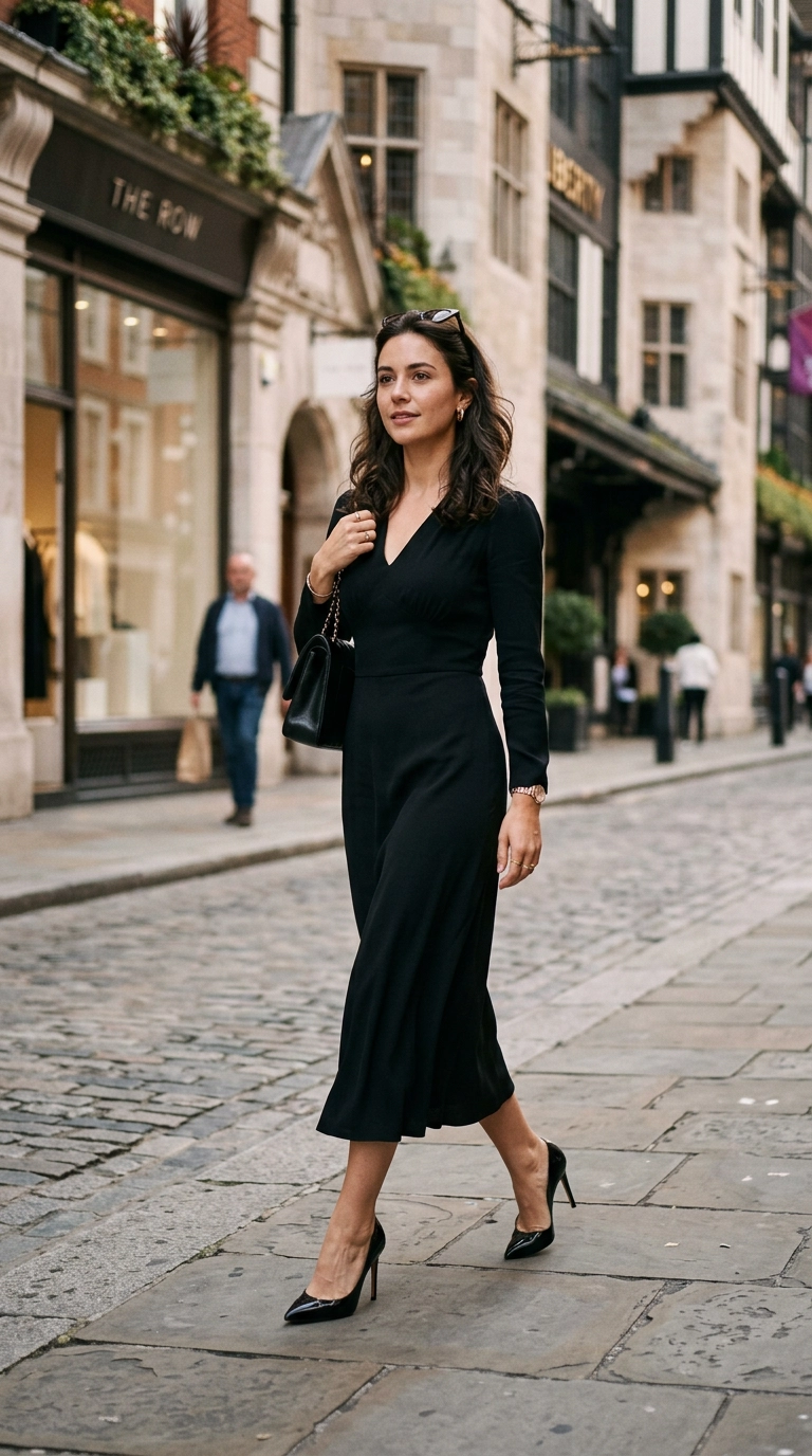 photorealistic luxury editorial fashion street style, shot on 35mm lens, highly detailed, ultra-realistic, soft natural lighting, editorial aesthetic, a woman in a chic midi-length black cocktail dress that hits just above the narrowest part of her ankle, paired with slim stilettos, no text --ar 9:16