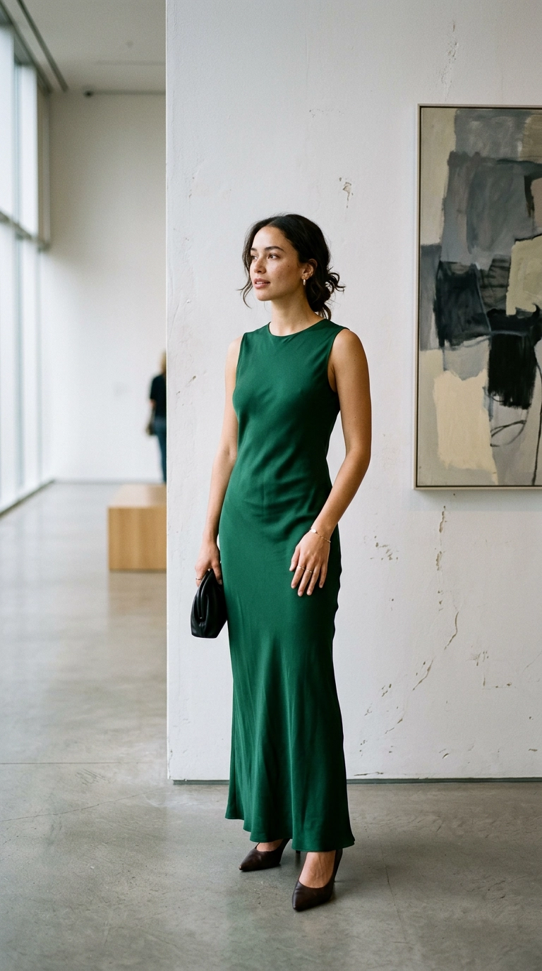 photorealistic luxury editorial fashion street style, shot on 35mm lens, highly detailed, ultra-realistic, soft natural lighting, editorial aesthetic, a woman in a matte heavy silk column dress in deep emerald green, elegant posture in a minimalist art gallery, no text --ar 9:16