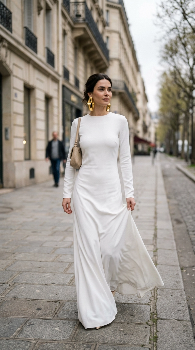photorealistic luxury editorial fashion street style, shot on 35mm lens, highly detailed, ultra-realistic, soft natural lighting, editorial aesthetic, a woman in a minimalist white floor-length gown with only one pair of large architectural gold earrings, no other jewelry, no text --ar 9:16