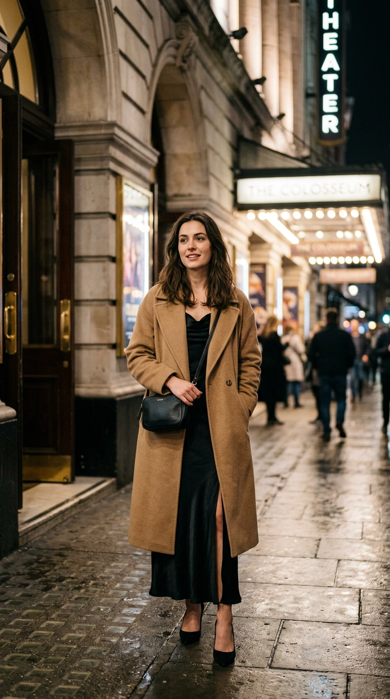 photorealistic luxury editorial fashion street style, shot on 35mm lens, highly detailed, ultra-realistic, soft natural lighting, editorial aesthetic, a woman draped in a structured camel wool overcoat over her evening dress, standing outside a theater at night, no text --ar 9:16