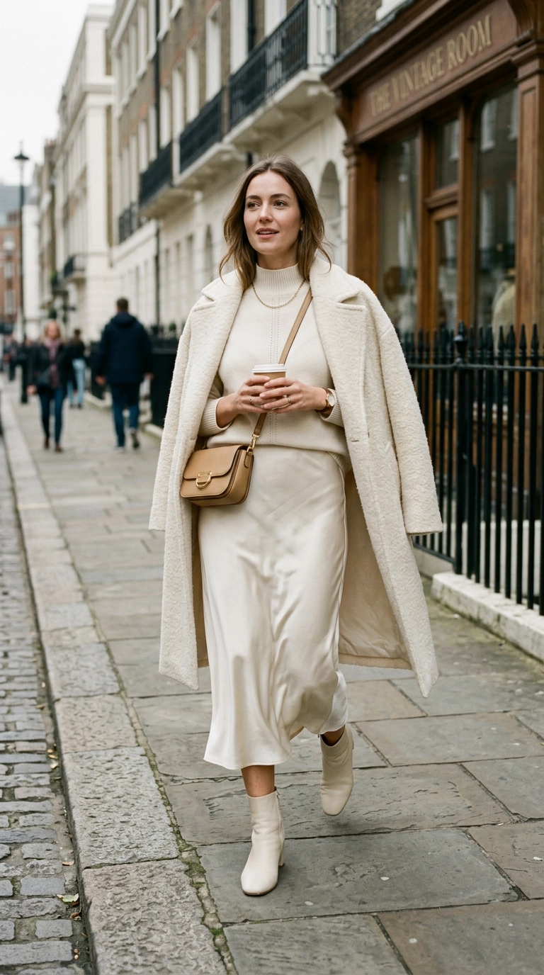 photorealistic luxury editorial fashion street style, shot on 35mm lens, highly detailed, ultra-realistic, soft natural lighting, editorial aesthetic, a woman wearing a monochromatic outfit with different textures, such as a silk skirt and a matte wool top in the same shade of cream, no text --ar 9:16