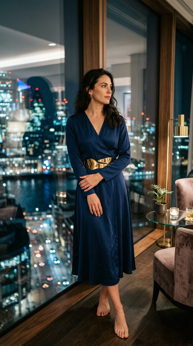 A woman wearing a sophisticated navy blue midi-length wrap dress with long sleeves and an architectural gold belt, standing near a floor-to-ceiling window at night, photorealistic luxury editorial fashion street style, shot on 35mm lens, highly detailed, ultra-realistic, soft natural lighting, editorial aesthetic, no text --ar 9:16