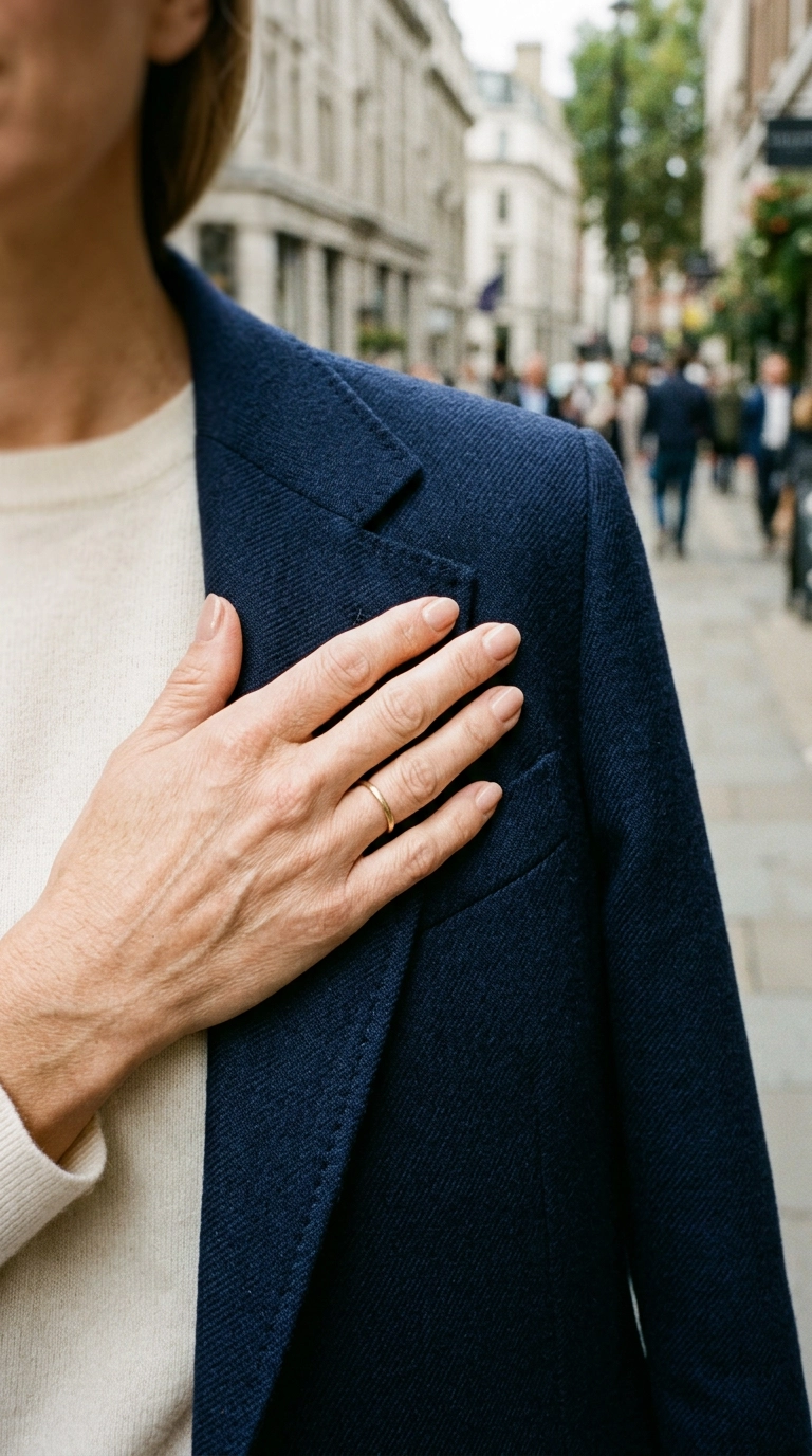Close-up of a woman's hand resting on a high-quality navy wool blazer, showing the crisp texture and perfect drape, photorealistic luxury editorial fashion street style, shot on 35mm lens, highly detailed, ultra-realistic, soft natural lighting, editorial aesthetic, no text --ar 9:16