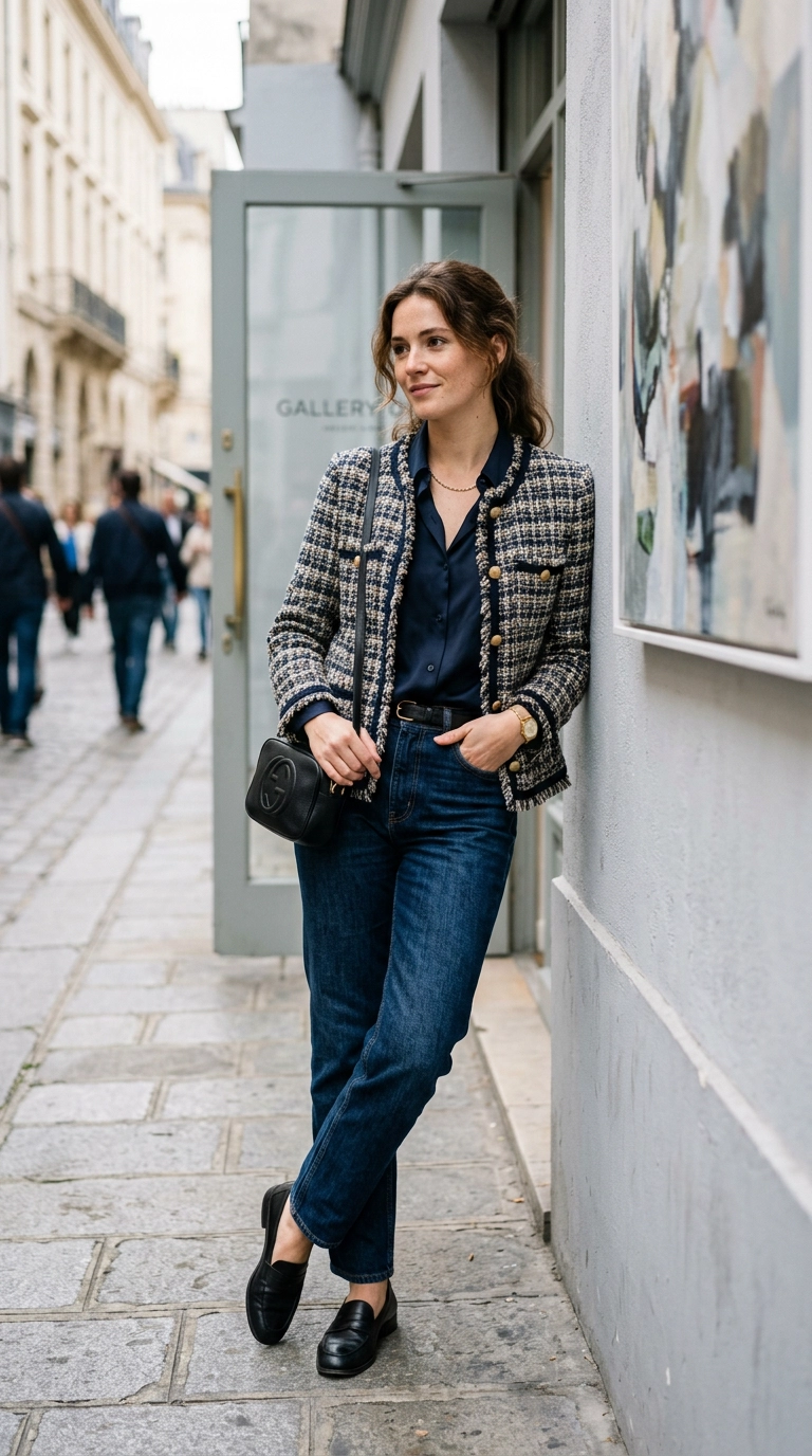 A woman wearing a chic smart-casual look with dark denim, a silk blouse, and a structured tweed jacket, leaning against a gallery wall, photorealistic luxury editorial fashion street style, shot on 35mm lens, highly detailed, ultra-realistic, soft natural lighting, editorial aesthetic, no text --ar 9:16