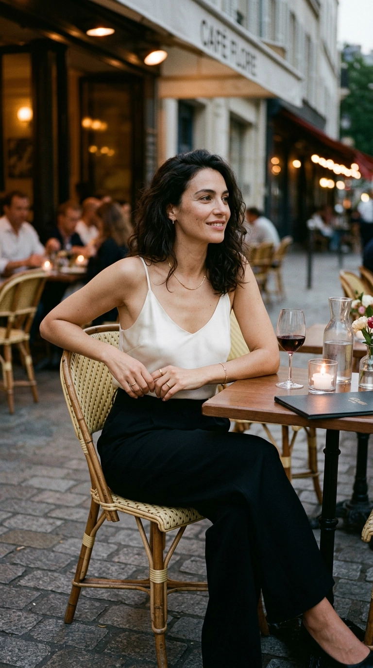 Photorealistic luxury editorial fashion street style, shot on 35mm lens, highly detailed, ultra-realistic, soft natural lighting, editorial aesthetic. A woman sitting at a candlelit bistro table wearing a fluid silk camisole and tailored wide-leg trousers, looking relaxed and chic. No text or typography. --ar 9:16