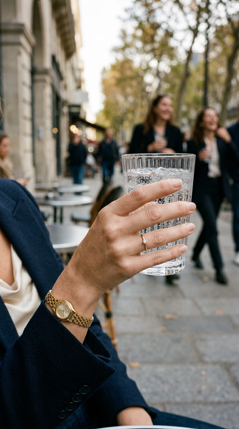 Photorealistic luxury editorial fashion street style, shot on 35mm lens, highly detailed, ultra-realistic, soft natural lighting, editorial aesthetic. Close-up of a woman’s hand holding a glass of sparkling water, wearing a minimalist gold watch and a single elegant ring. No text or typography. --ar 9:16