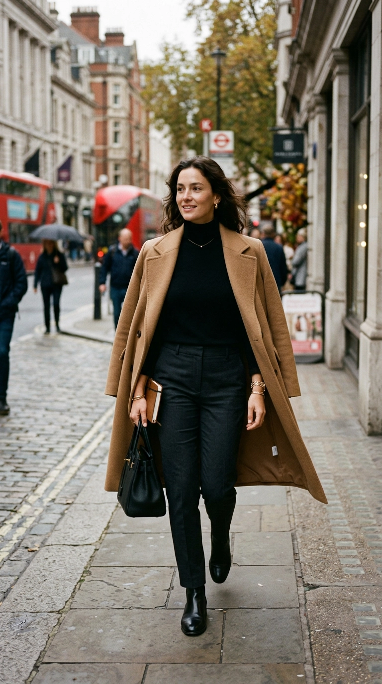Photorealistic luxury editorial fashion street style, shot on 35mm lens, highly detailed, ultra-realistic, soft natural lighting, editorial aesthetic. A woman in a structured camel wool overcoat draped over her shoulders, walking through a city street. No text or typography. --ar 9:16