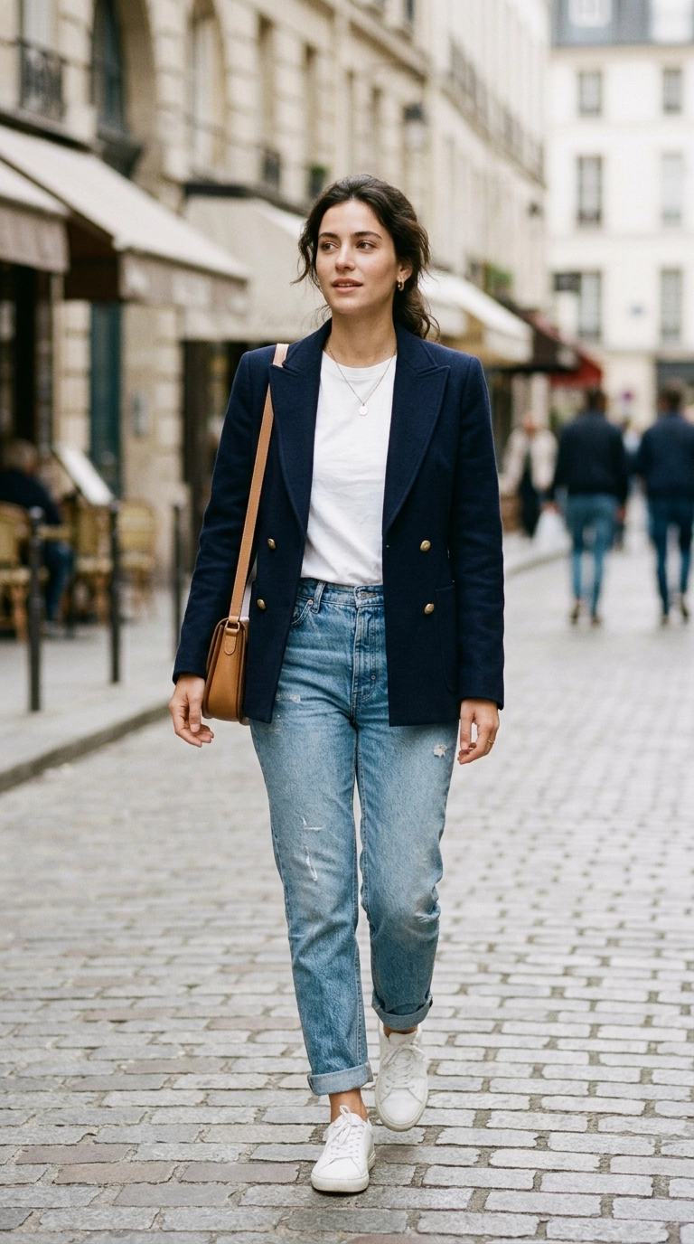 Photorealistic luxury editorial fashion street style, shot on 35mm lens, highly detailed, ultra-realistic, soft natural lighting, editorial aesthetic. A woman wearing a high-quality navy wool blazer over a crisp white tee, looking effortlessly put together. No text or typography. --ar 9:16