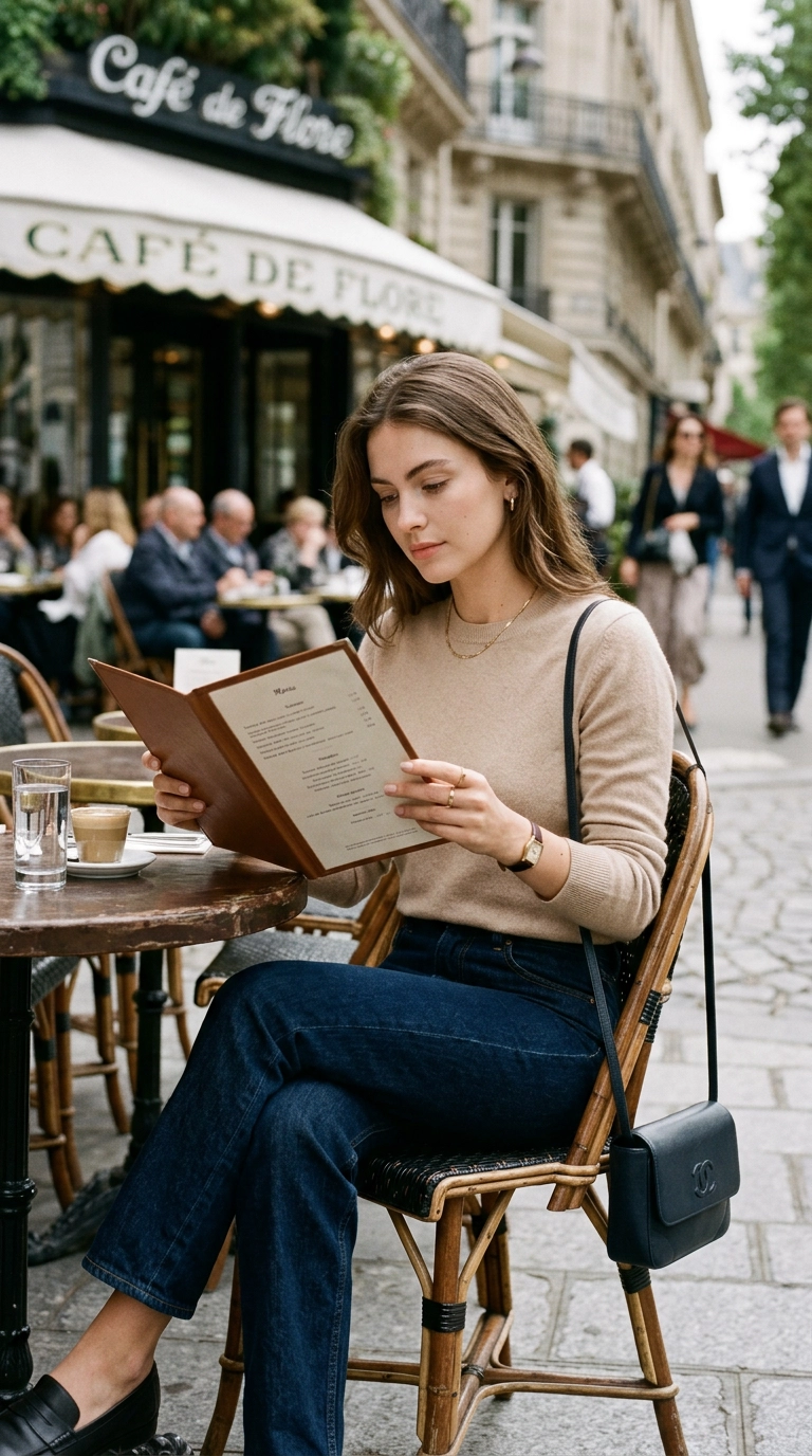 Photorealistic luxury editorial fashion street style, shot on 35mm lens, highly detailed, ultra-realistic, soft natural lighting, editorial aesthetic. A woman wearing a slim-fit cashmere sweater and dark denim, sitting comfortably and looking at a menu. No text or typography. --ar 9:16