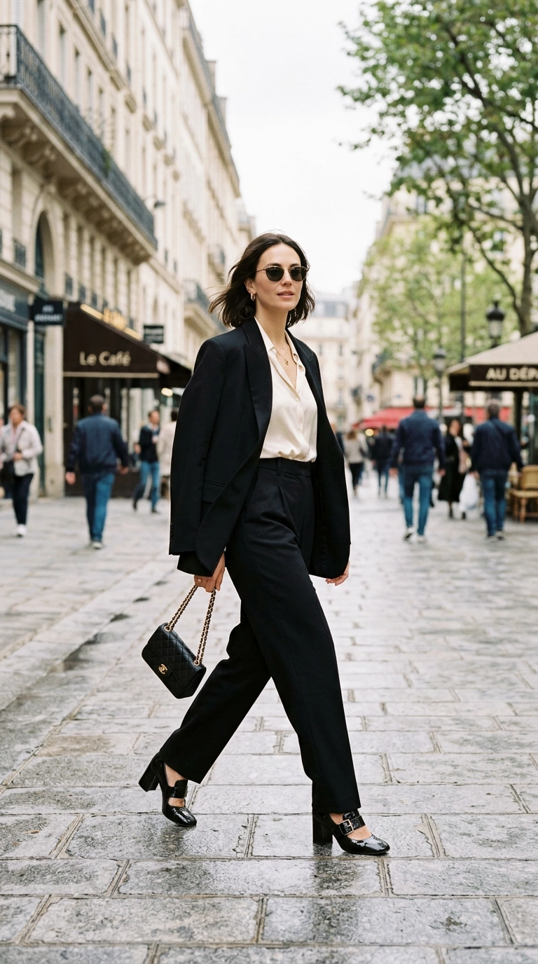 Photorealistic luxury editorial fashion street style, shot on 35mm lens, highly detailed, ultra-realistic, soft natural lighting, editorial aesthetic. A woman in elegant black block heels and tailored trousers walking confidently. No text or typography. --ar 9:16