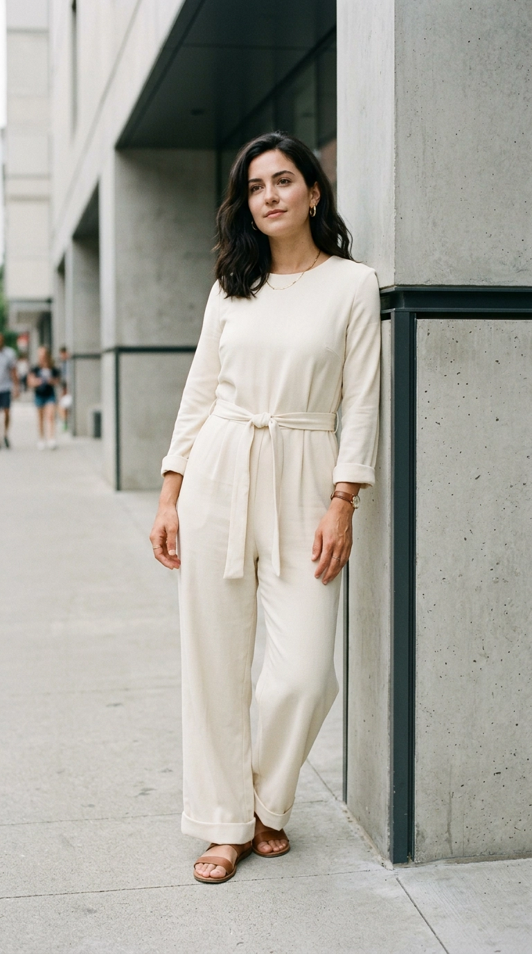 A close-up of a woman wearing a heavy matte crepe jumpsuit in cream, standing against a minimalist architectural background, photorealistic luxury editorial fashion street style, shot on 35mm lens, highly detailed, ultra-realistic, soft natural lighting, editorial aesthetic. No text or typography. --ar 9:16