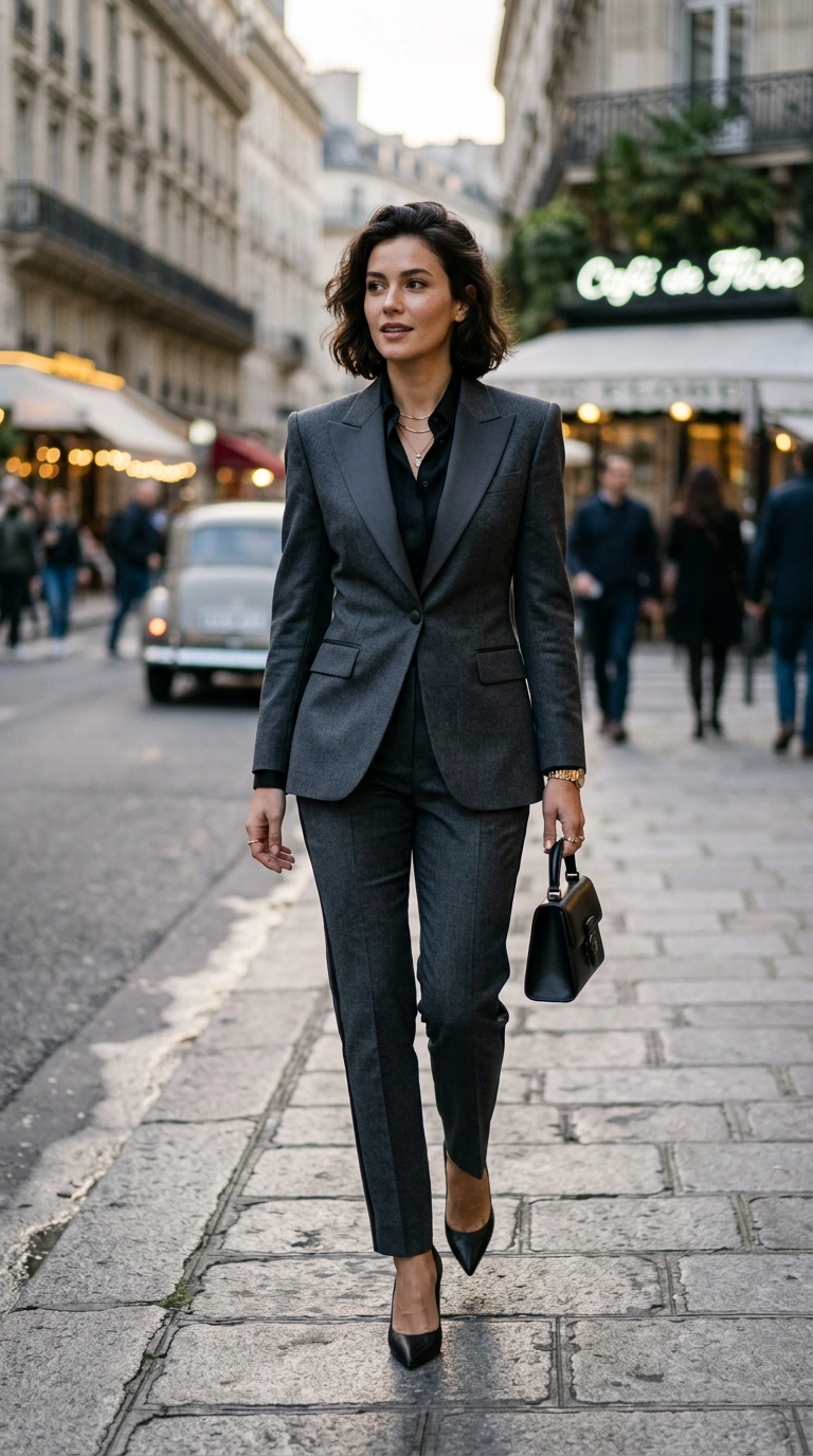 A woman in a perfectly tailored charcoal grey tuxedo suit with sharp shoulders and a cinched waist, photorealistic luxury editorial fashion street style, shot on 35mm lens, highly detailed, ultra-realistic, soft natural lighting, editorial aesthetic. No text or typography. --ar 9:16